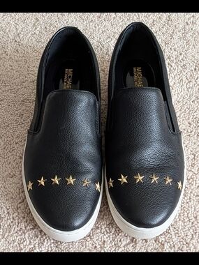 MICHAEL Michael Kors Black Leather Star-Stud Slip-On Sneakers. 9.5M Used- Very G